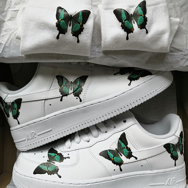 Green and Black Drip Butterfly Air Force Ones With Matching Socks